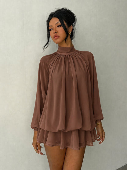 Mock Neck Long Sleeve Skort Dress Women Solid Ruffle Layer Hem Loose Casual Mini Dress - Light Brown / XS