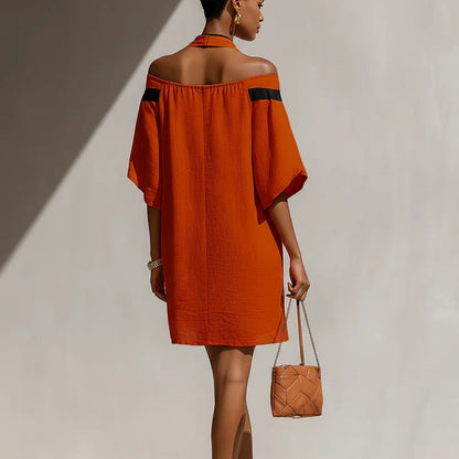 Contrast Halter Tie Off Shoulder Loose Mini Tunic Dress