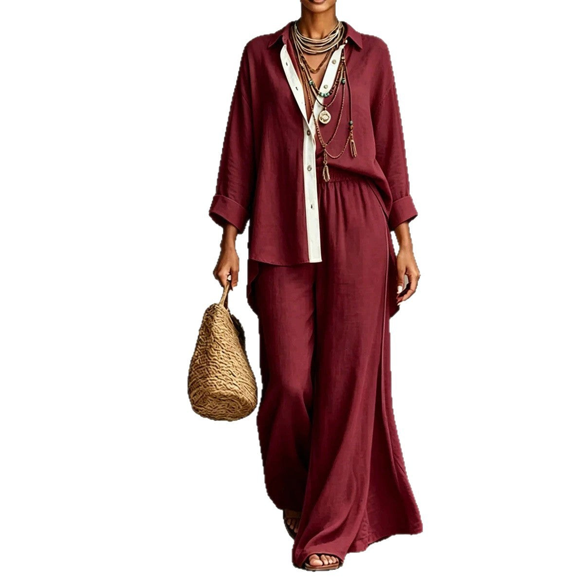 Contrast Trim Linen Shirt Wide Leg Pants 2 Piece Set