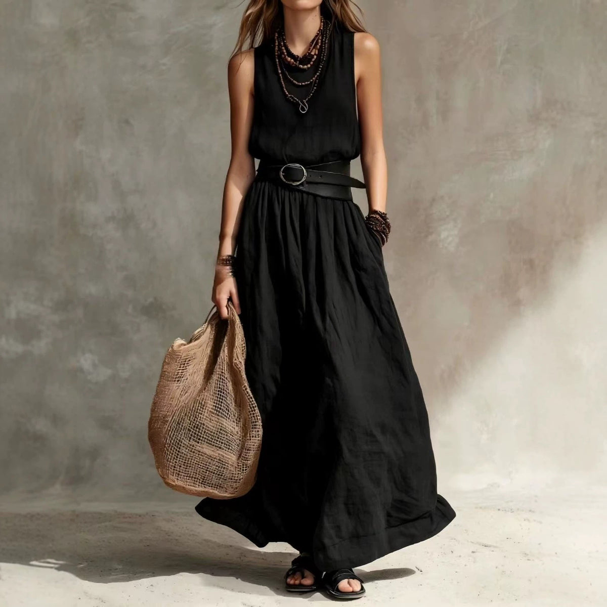 Robe longue sans manches à col montant et ceinture