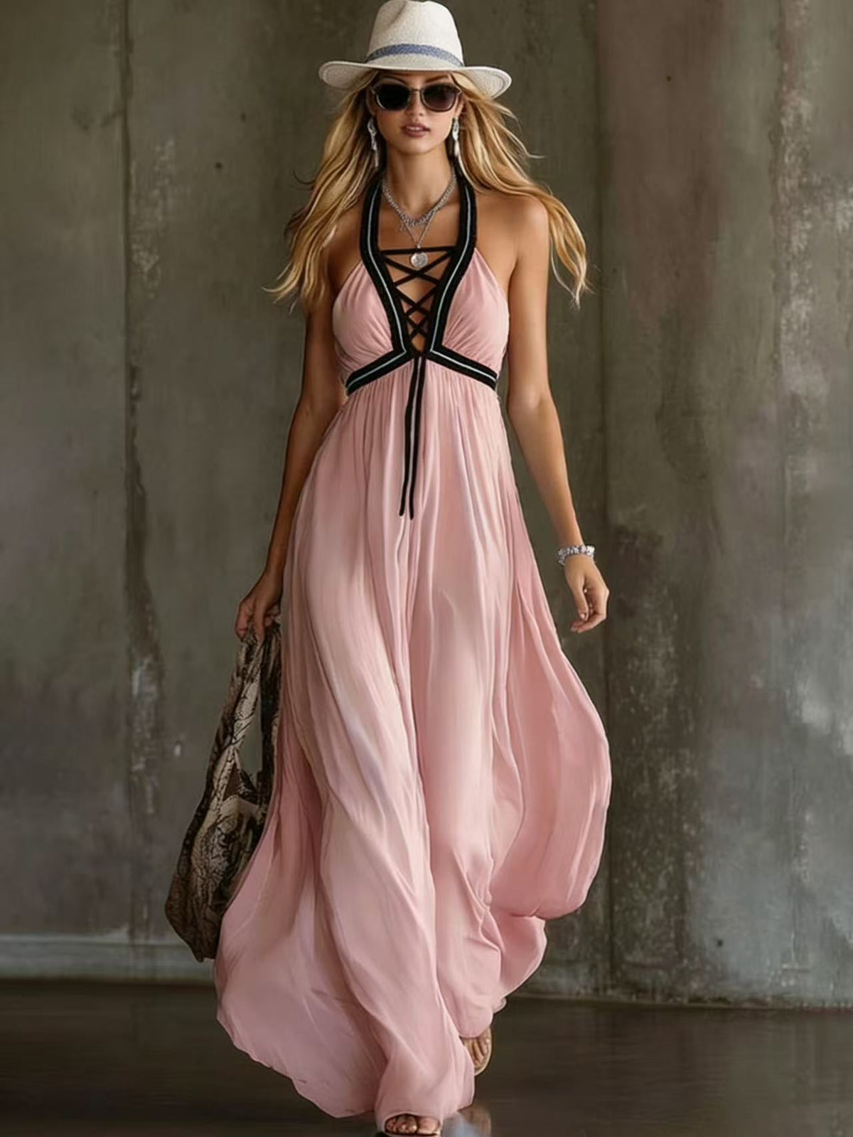 Light Blue Crisscross Halter Flowy Chiffon Maxi Dress