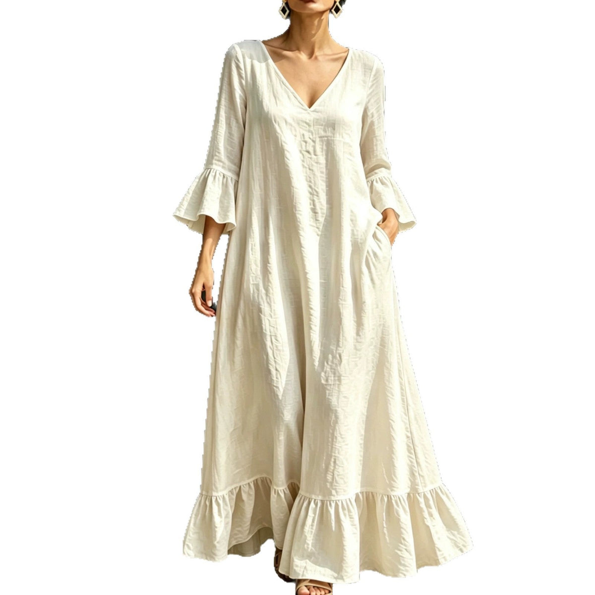 Robe longue en lin mélangé avec col en V, volants et manches évasées