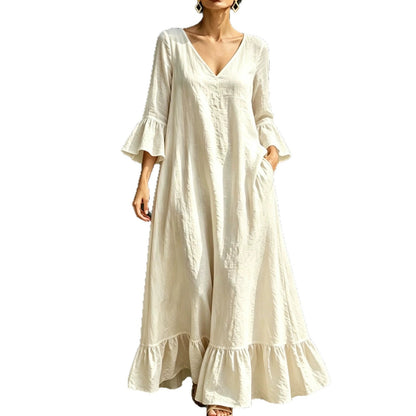 Robe longue en lin mélangé avec col en V, volants et manches évasées