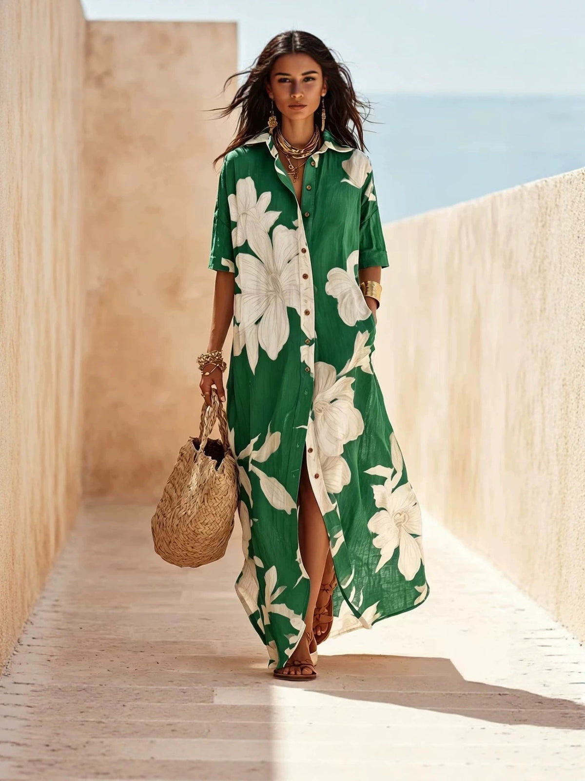 Robe longue fleurie décontractée à revers et boutons