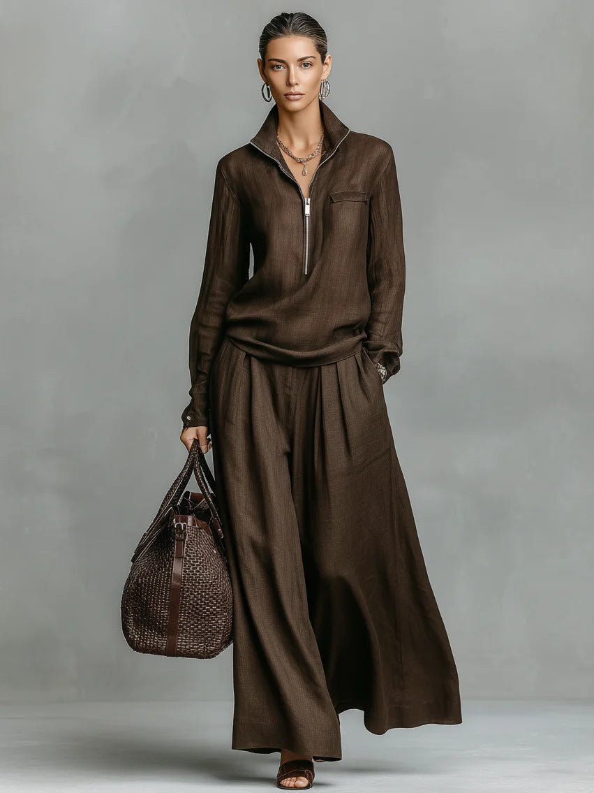 Ensemble deux pièces en lin pour femme : haut demi-zippé et pantalon large – Tenue décontractée coordonnée