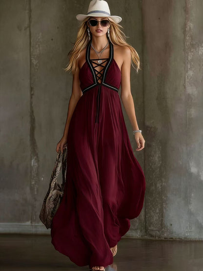 Light Blue Crisscross Halter Flowy Chiffon Maxi Dress