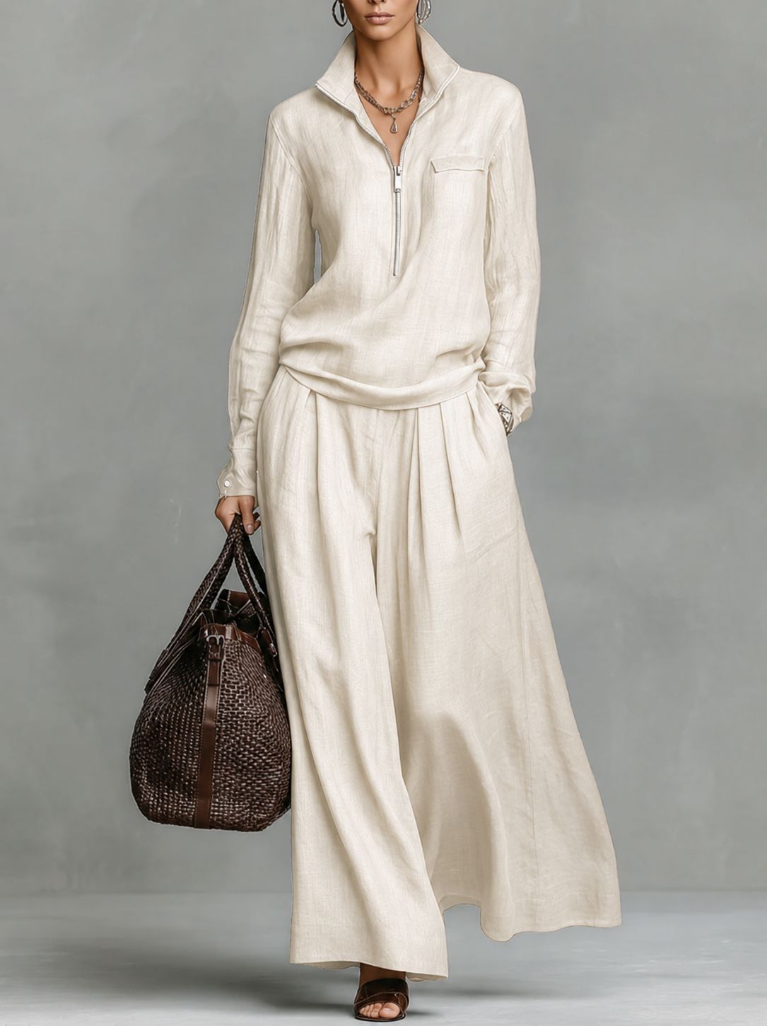Ensemble deux pièces en lin pour femme : haut demi-zippé et pantalon large – Tenue décontractée coordonnée