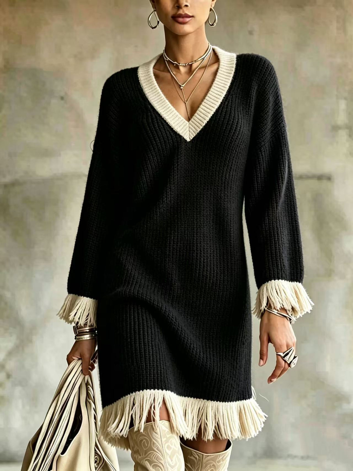 Women Color‑Block Knit Sweater Dress, V‑Neck Long Sleeve Fringe Trim Cuff & Hem Loose Fall Winter Mini Dress