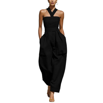 Linen Halter Wide Leg Pocketed Jumpsuit