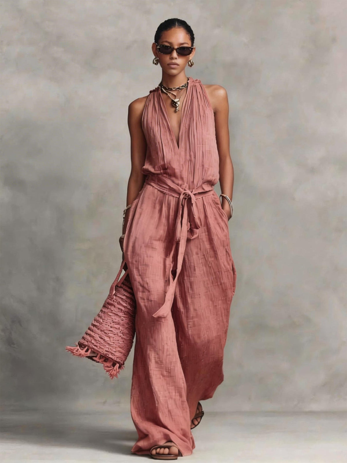 Casual Lace-Up Sleeveless Cotton Blend Jumpsuit