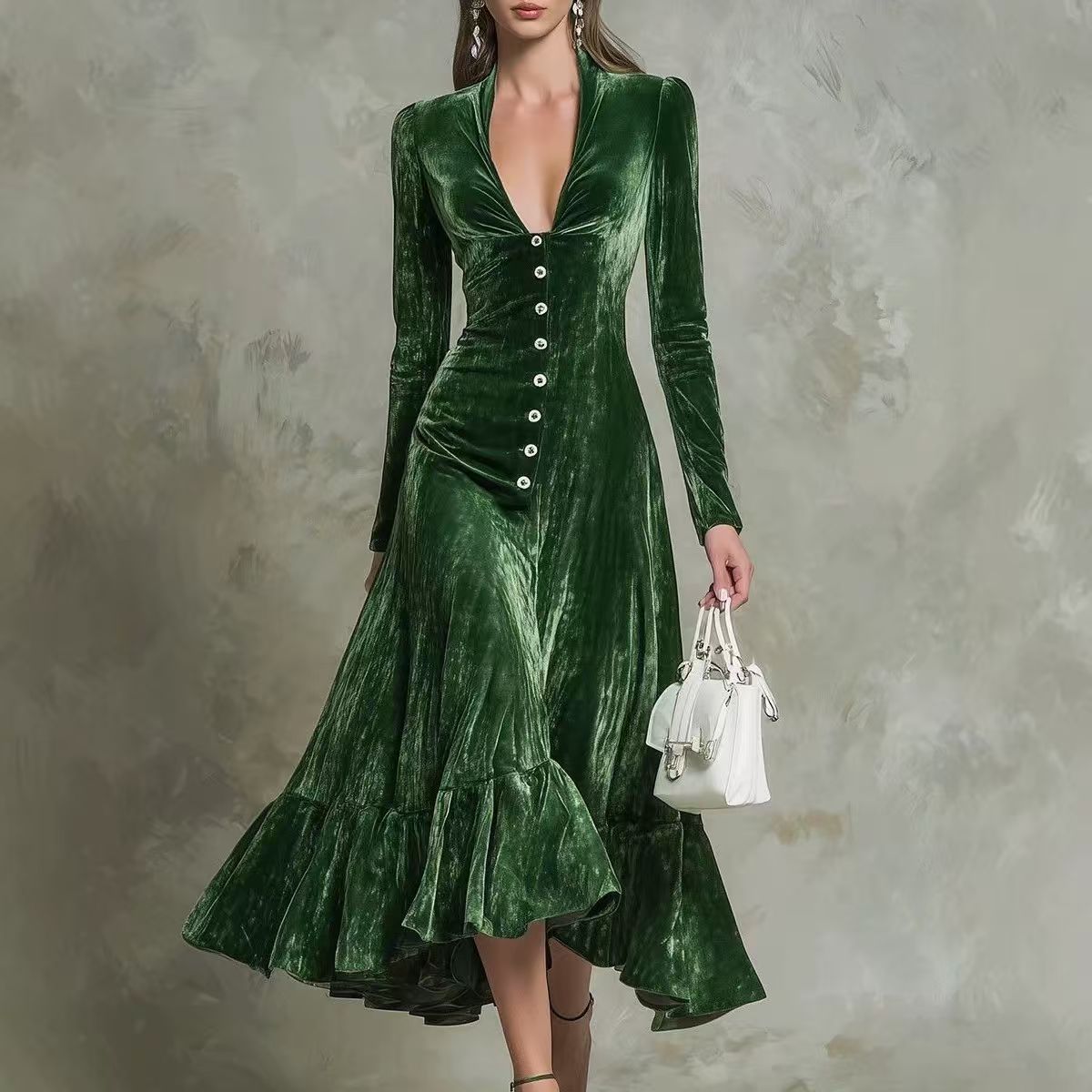 Robe midi en velours boutonnée sur le devant