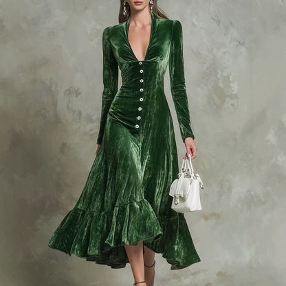Robe midi en velours boutonnée sur le devant
