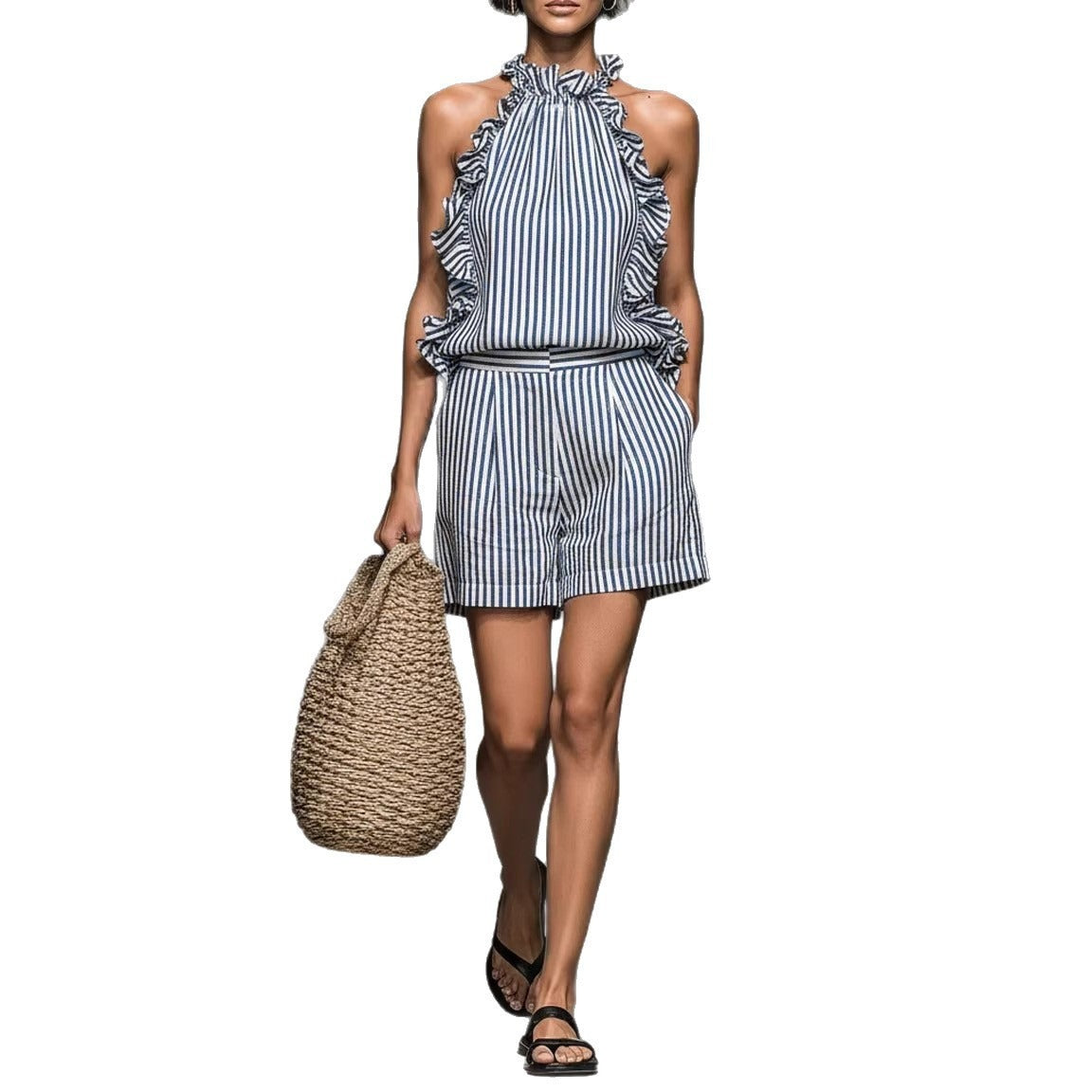 Blue White Vertical Stripe Ruffle Halter Top & High Waist Pocket Shorts 2 Piece Co-Ord Set