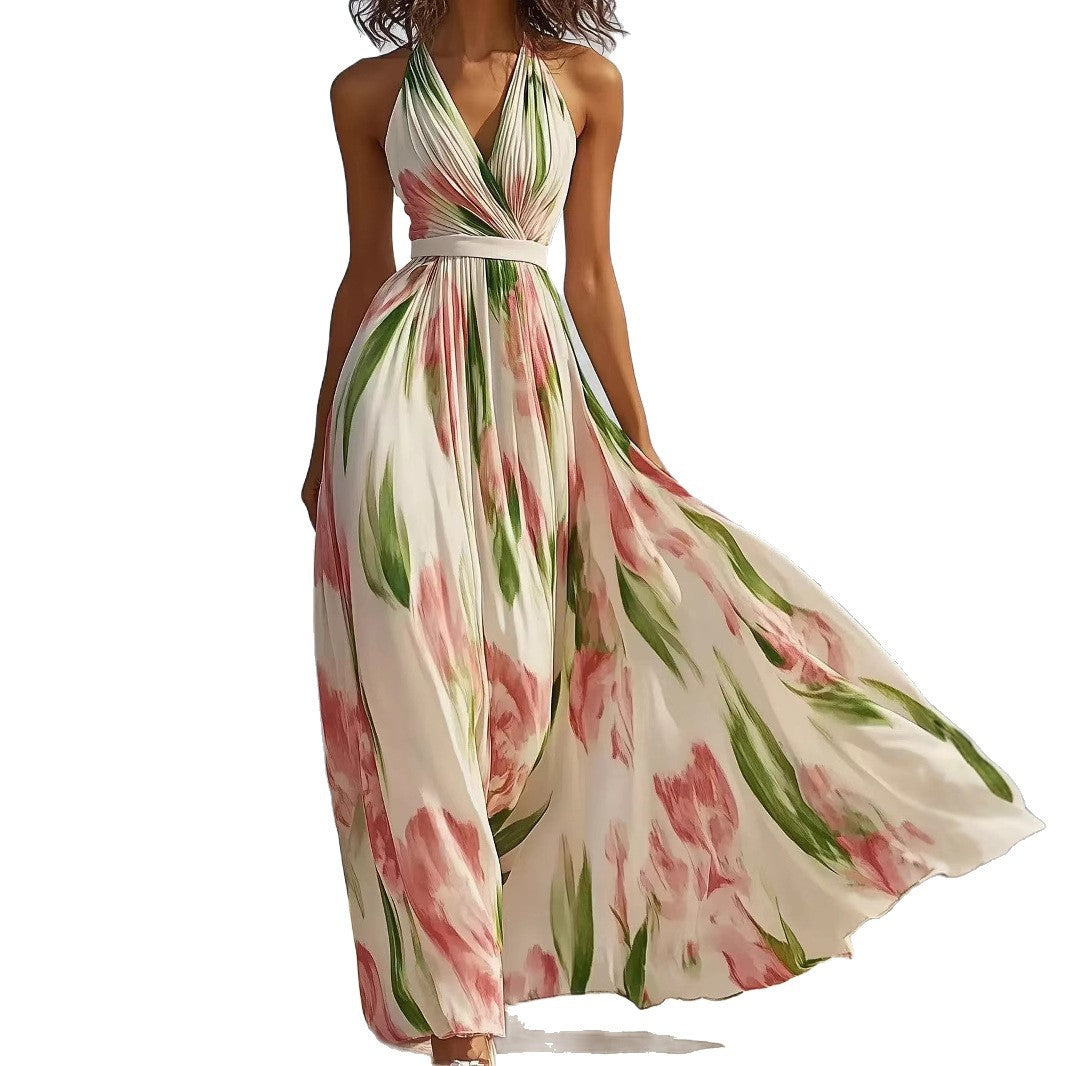 Halter V-Neck Floral Pleated Maxi Dress with Waist Belt