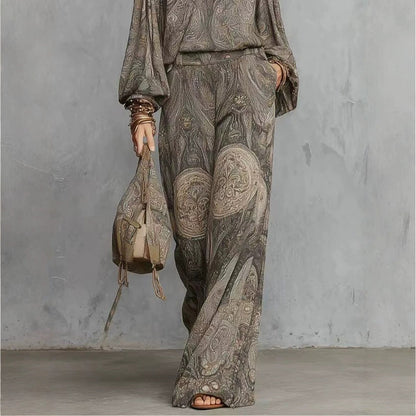 Vintage Paisley Print Long Sleeve Blouse & High Waist Wide Leg Pants 2 Piece Boho Co-Ord Set