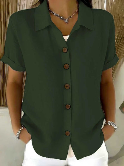 Chemise en lin à manches courtes pour femme, à col rabattu