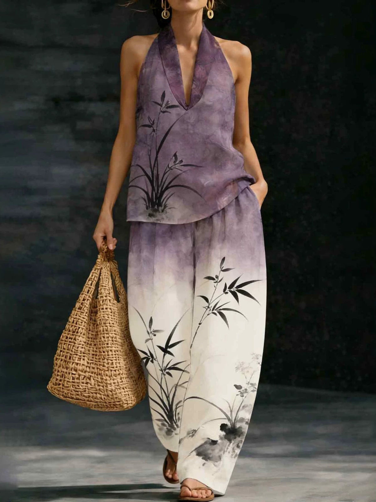 Geometric Print Halter V-Neck Sleeveless Top & Wide Leg Pants Two Piece Set