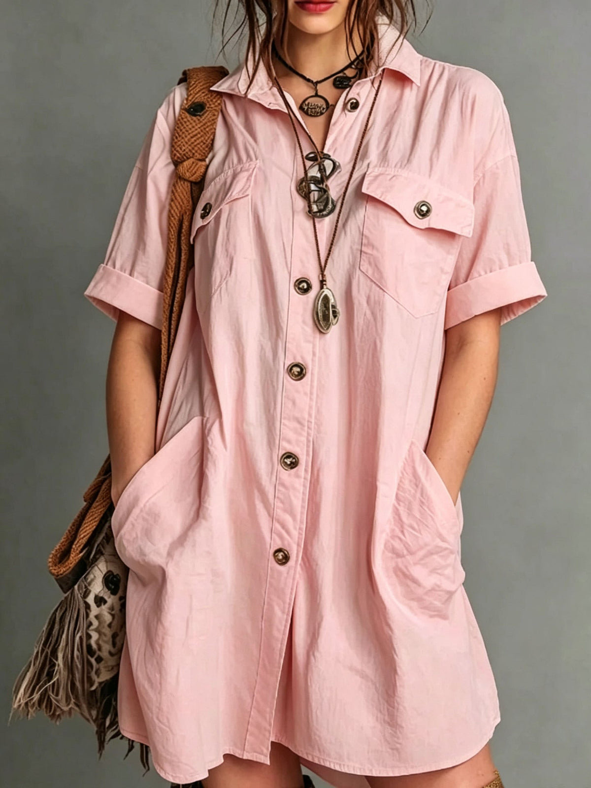 Oversized Short Sleeve Button Down Shirt Mini Dress with Pockets