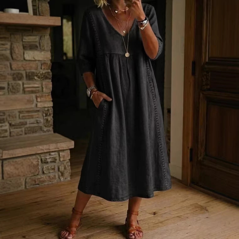 Robe midi élégante à col V en mélange de lin avec inserts en dentelle et poches | Robe décontractée d'été pour femmes
