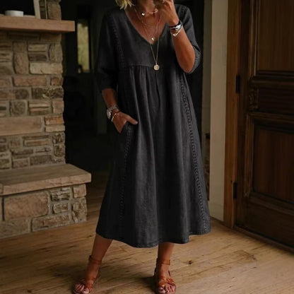 Robe midi élégante à col V en mélange de lin avec inserts en dentelle et poches | Robe décontractée d'été pour femmes