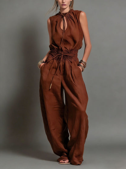 Beige Linen-Blend Smocked-Waist Jumpsuit