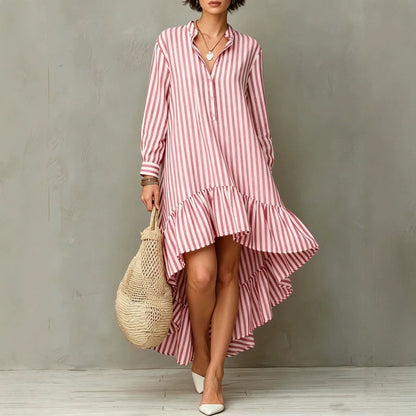 Vertical Stripe Long Sleeve Hi-Lo Ruffle Hem Shirt Midi Dress