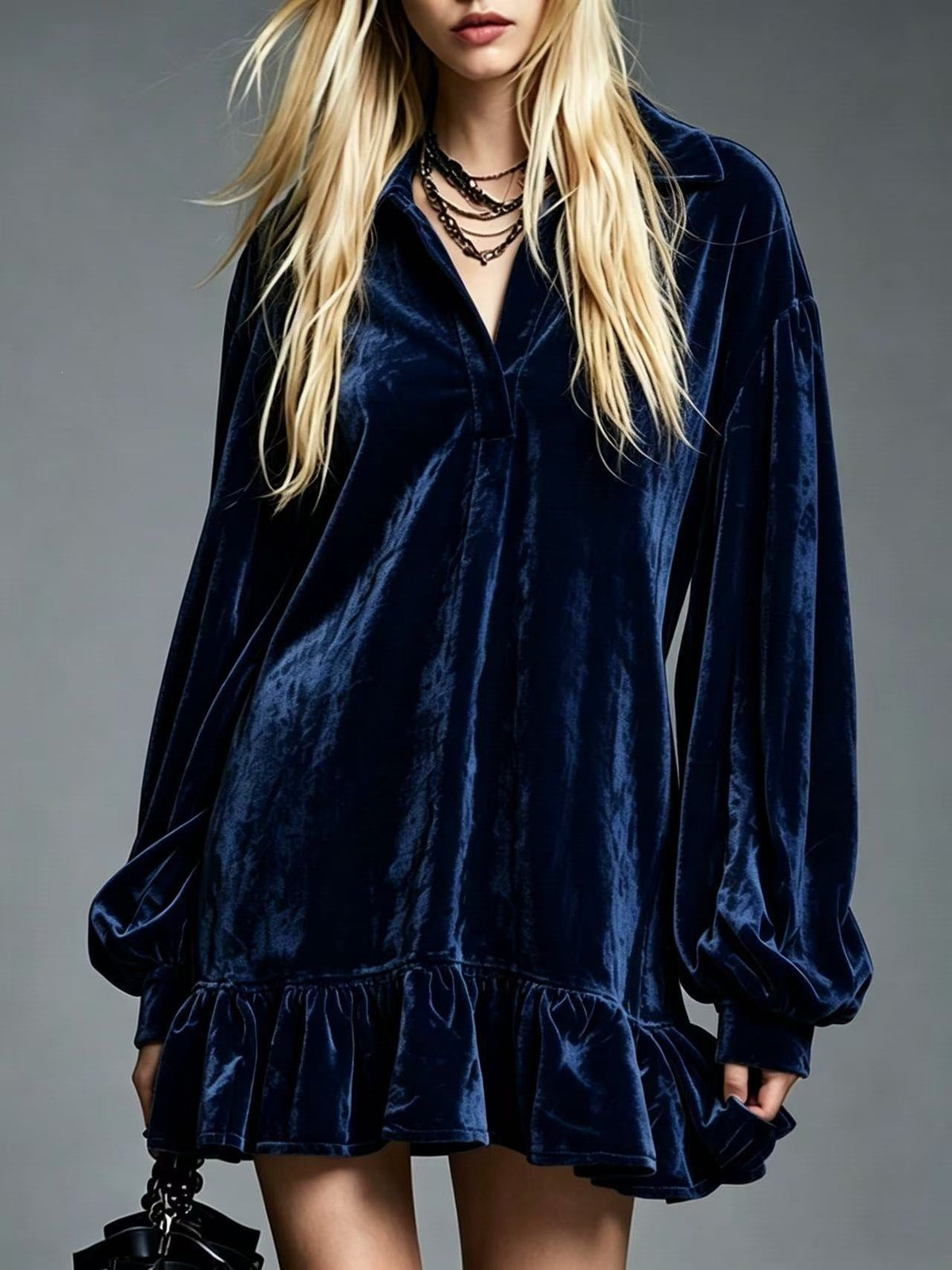 Velvet Ruffle Hem Mini Dress Women Lapel Long Sleeve Loose Casual Tunic Dress