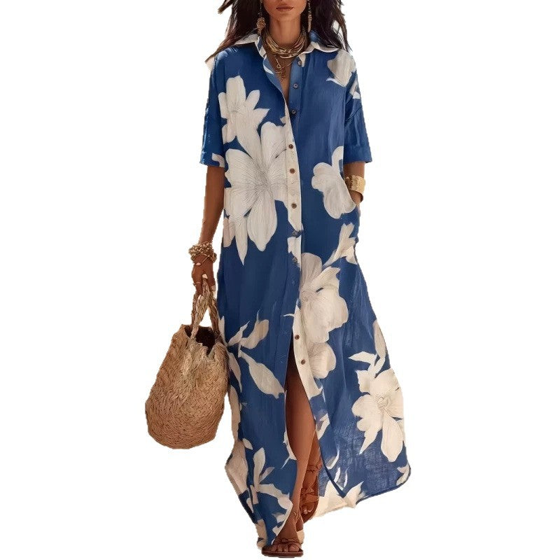 Robe longue fleurie décontractée à revers et boutons