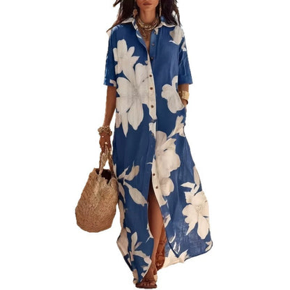 Robe longue fleurie décontractée à revers et boutons
