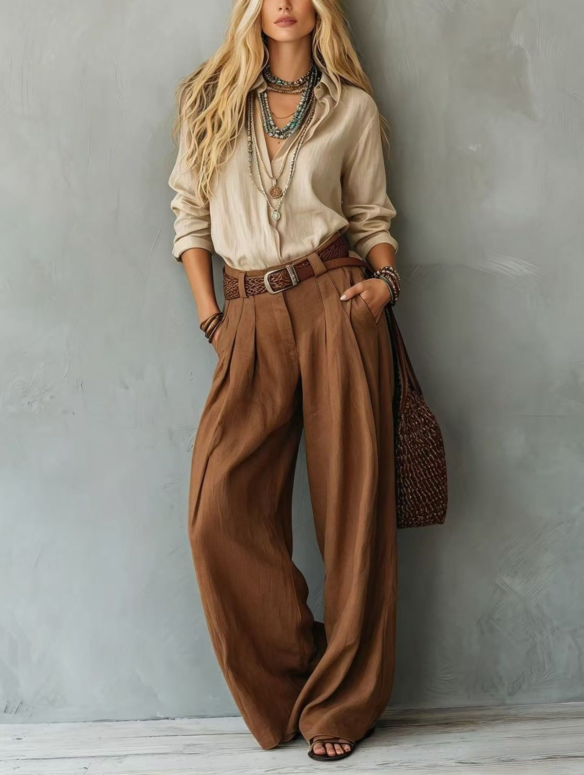 Navy Blue Loose Linen Shirt & Beige Pleated Wide Leg Linen Pants 2 Piece Boho Co-Ord Set