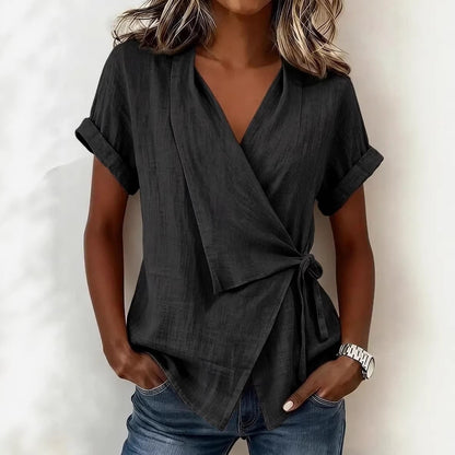 Wrap Tie Waist Linen Blend Short Sleeve V-Neck Blouse