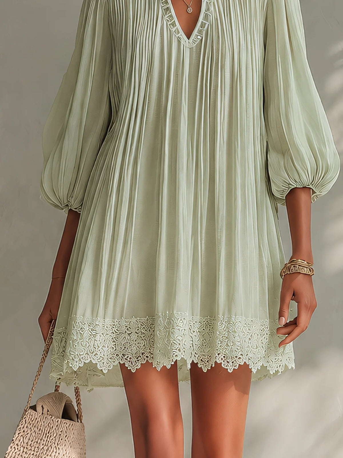Mini-robe bohème à bordure en dentelle pour femme, col en V, manches ballon, robe de vacances ample
