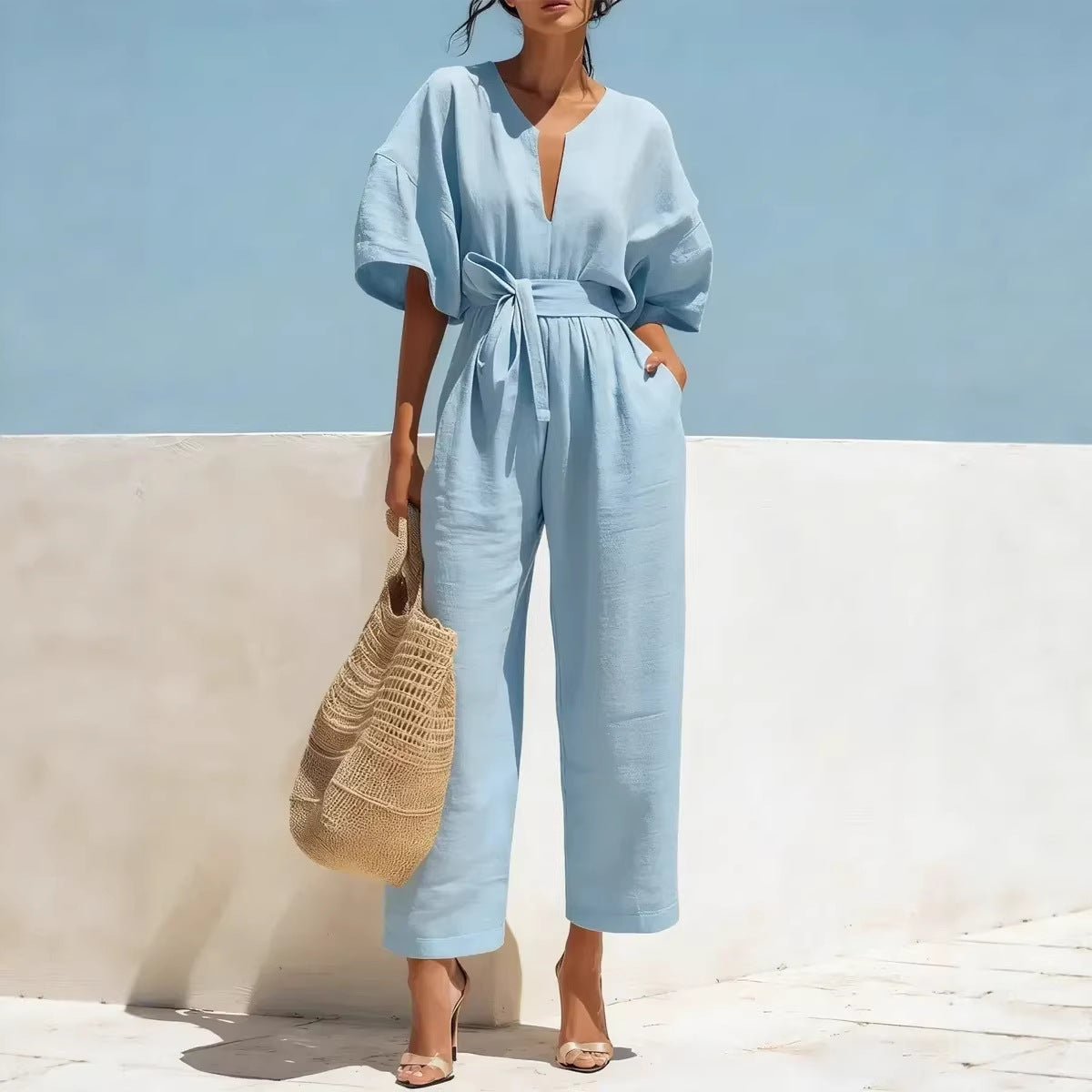 Women's Casual Linen Jumpsuit with Lantern Sleeves