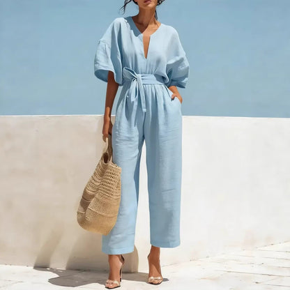 Women's Casual Linen Jumpsuit with Lantern Sleeves