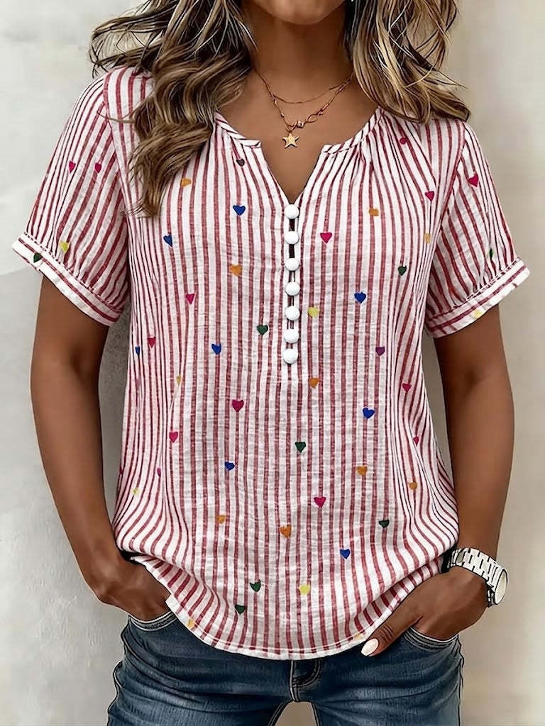 Colorful Heart Striped Henley Blouse