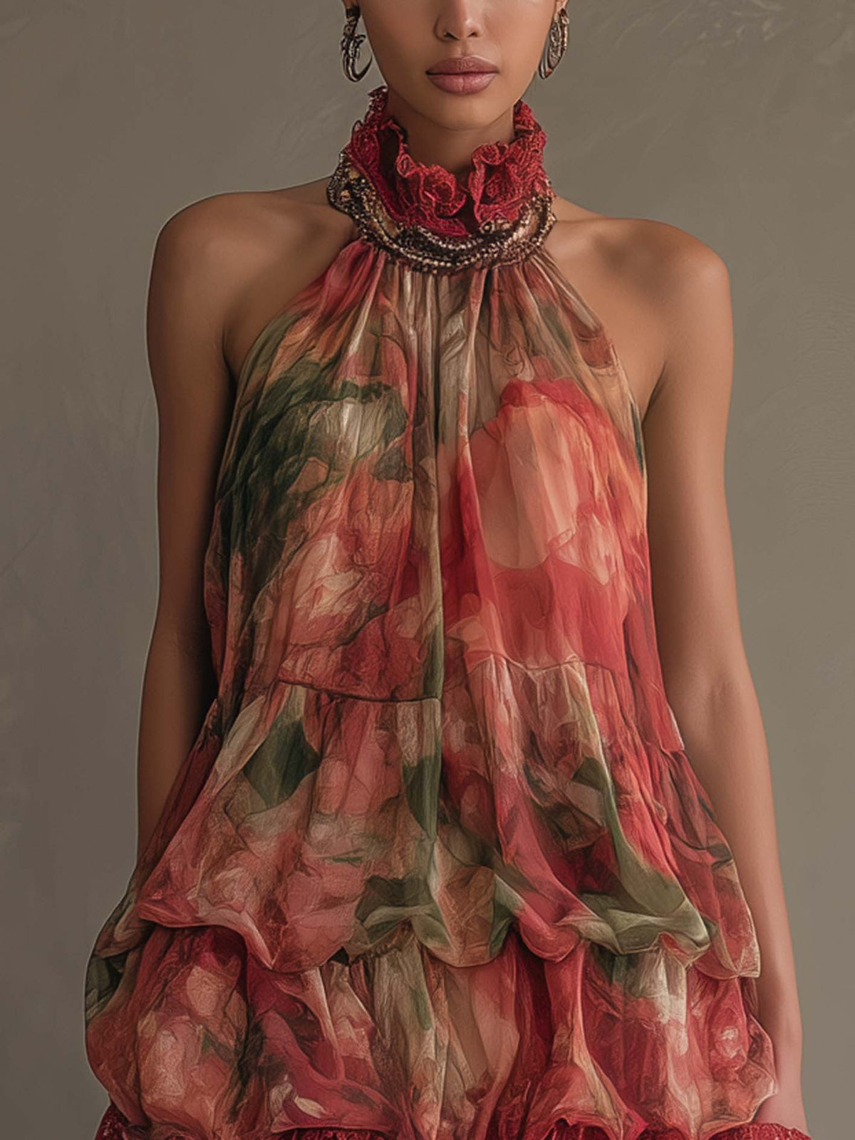 Mini-robe romantique fleurie à volants et encolure dos nu, ornée de dentelle