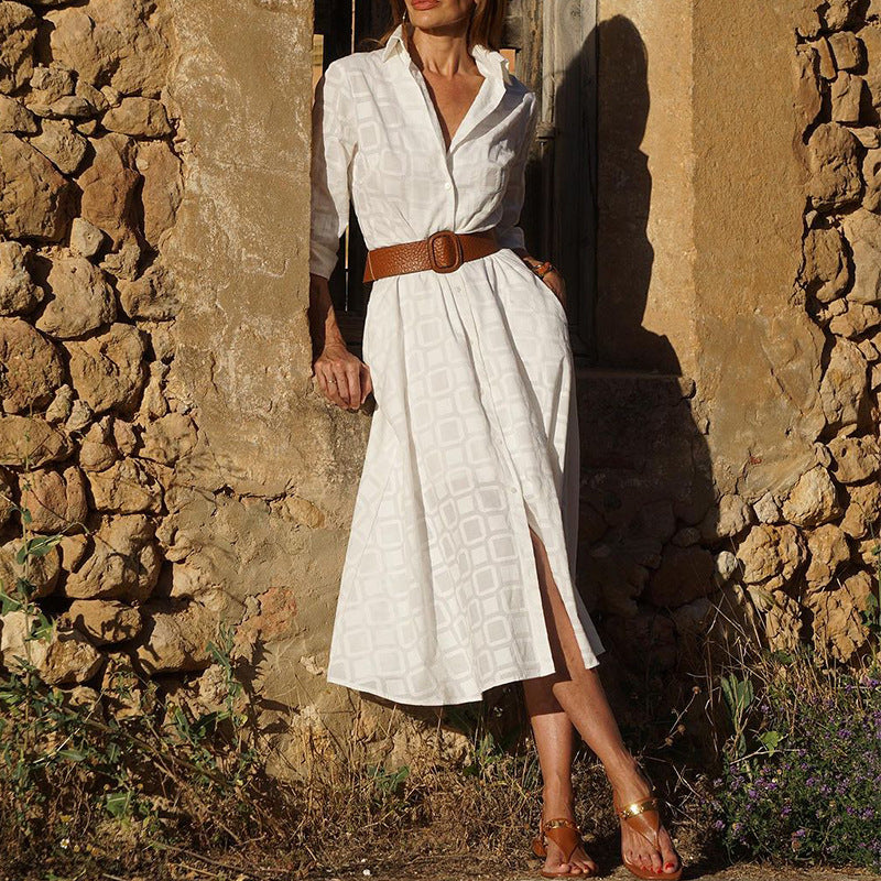 Nouvelle robe chemise femme d’automne, à boutons, manches longues, fournie avec ceinture