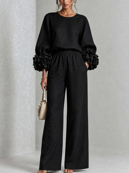 Pink Top Featuring Striking Floral Cuffs Paired With Wide-leg Pants Suit