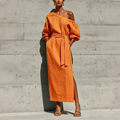 Linen One Shoulder Puff Sleeve Tie Waist Side Slit Midi Dress