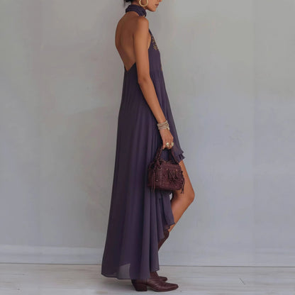 Robe maxi bohème brodée, à col licou et ourlet haut‑bas