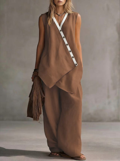 Bohemian V-Neck Irregular Button Vest Wide-Leg Pants Casual Suit