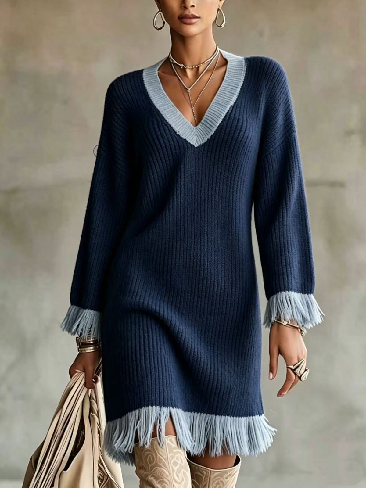 Women Color‑Block Knit Sweater Dress, V‑Neck Long Sleeve Fringe Trim Cuff & Hem Loose Fall Winter Mini Dress
