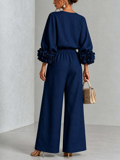 Pink Top Featuring Striking Floral Cuffs Paired With Wide-leg Pants Suit