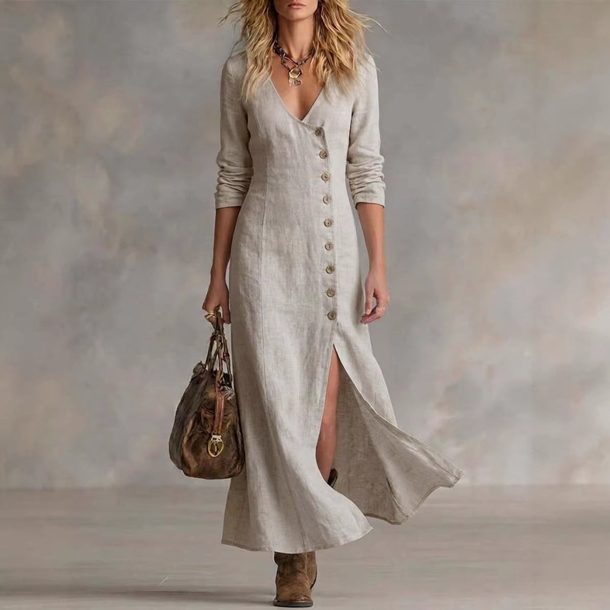 Robes longues mode en coton et lin à plusieurs boutons