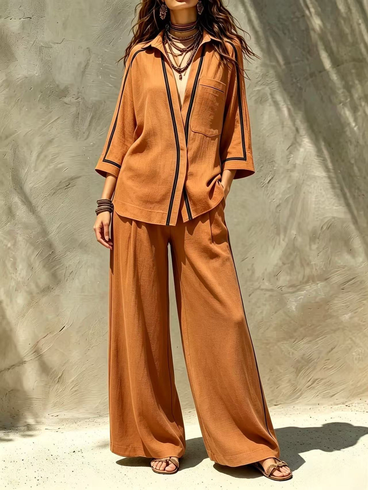 Ensemble deux pièces chemise à liseré contrastant et pantalon large