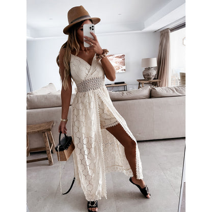 Scalloped Lace Spaghetti Strap High Low Flowy Maxi Dress
