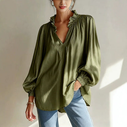 Ruffle V-Neck Crinkled Texture Balloon Sleeve Blouse