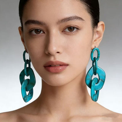 Marbled Resin Interlocked Chain Drop Earrings Oversized Chunky Link Statement Dangle Earrings