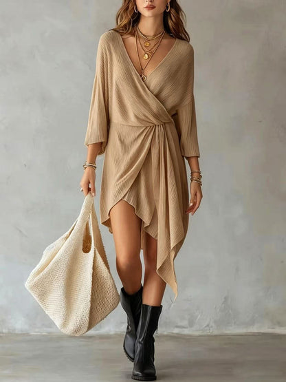 Cream Ribbed Knit Wrap‑Front Asymmetrical Mini Dress