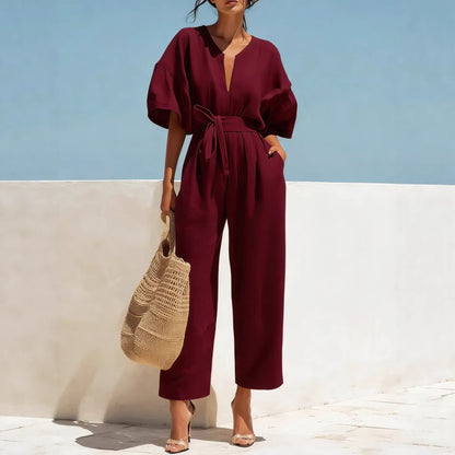 Women's Casual Linen Jumpsuit with Lantern Sleeves